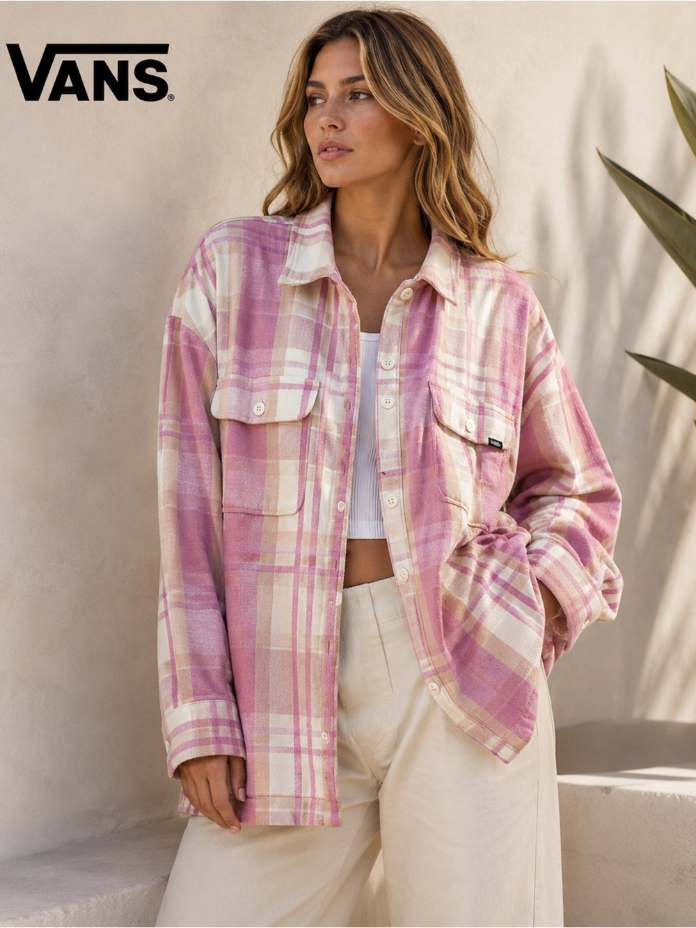 Vans Eliza Oversized Woven Shacket Pink Plaid Cotton Button Front Jacket XL